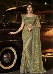 Mehendi Green Designer Net Saree with Jari, Mirror & Moti Cut Dana work