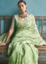 Load image into Gallery viewer, Sage Green Floral Embroidered Linen Saree