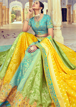 Laden Sie das Bild in den Galerie-Viewer, Blue &amp; Yellow Banarasi Silk Lehenga Choli with Khatli and Heavy Embroidered work