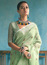 Load image into Gallery viewer, Sage Green Floral Embroidered Linen Saree