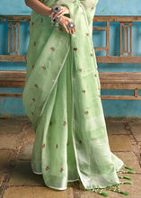 Load image into Gallery viewer, Sage Green Floral Embroidered Linen Saree