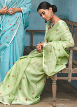Load image into Gallery viewer, Sage Green Floral Embroidered Linen Saree