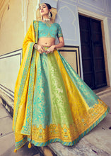 Laden Sie das Bild in den Galerie-Viewer, Blue &amp; Yellow Banarasi Silk Lehenga Choli with Khatli and Heavy Embroidered work