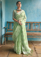 Load image into Gallery viewer, Sage Green Floral Embroidered Linen Saree