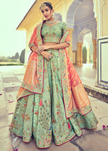 Load image into Gallery viewer, Pistachio Green Banarasi Silk Lehenga Choli with Khatli and Heavy Embroidered work