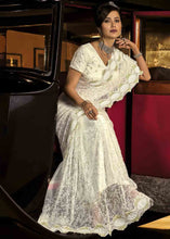 Load image into Gallery viewer, Pearl White Designer Net Saree with Jari, Thread, Diamond &amp; Moti work