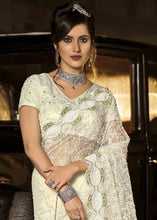 Load image into Gallery viewer, Pearl White Designer Net Saree with Jari, Thread, Diamond &amp; Moti work