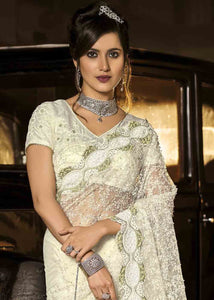 Pearl White Designer Net Saree with Jari, Thread, Diamond & Moti work