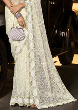 Load image into Gallery viewer, Pearl White Designer Net Saree with Jari, Thread, Diamond &amp; Moti work