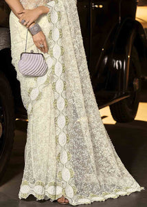 Pearl White Designer Net Saree with Jari, Thread, Diamond & Moti work