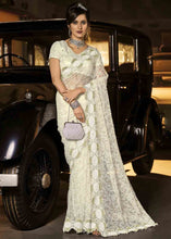 Load image into Gallery viewer, Pearl White Designer Net Saree with Jari, Thread, Diamond &amp; Moti work