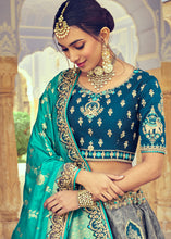 Load image into Gallery viewer, Green &amp; Grey Banarasi Silk Lehenga Choli with Khatli and Heavy Embroidered work