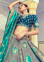 Load image into Gallery viewer, Green &amp; Grey Banarasi Silk Lehenga Choli with Khatli and Heavy Embroidered work