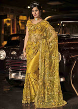 Cargar imagen en el visor de la galería, Mustard Yellow Designer Net Saree with Hand Made Flower, Moti &amp; Cut Dana work