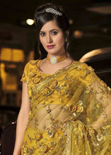 Cargar imagen en el visor de la galería, Mustard Yellow Designer Net Saree with Hand Made Flower, Moti &amp; Cut Dana work