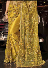 Cargar imagen en el visor de la galería, Mustard Yellow Designer Net Saree with Hand Made Flower, Moti &amp; Cut Dana work