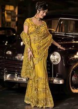 Cargar imagen en el visor de la galería, Mustard Yellow Designer Net Saree with Hand Made Flower, Moti &amp; Cut Dana work
