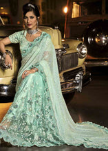 Load image into Gallery viewer, Cadet Blue Designer Net Saree with Imported Fabric Sequence Pallu, Jari, Moti &amp; Cut Dana work