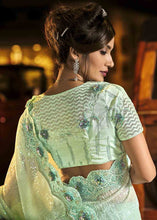 Load image into Gallery viewer, Cadet Blue Designer Net Saree with Imported Fabric Sequence Pallu, Jari, Moti &amp; Cut Dana work