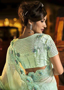 Cadet Blue Designer Net Saree with Imported Fabric Sequence Pallu, Jari, Moti & Cut Dana work