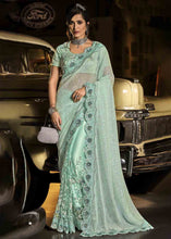Load image into Gallery viewer, Cadet Blue Designer Net Saree with Imported Fabric Sequence Pallu, Jari, Moti &amp; Cut Dana work