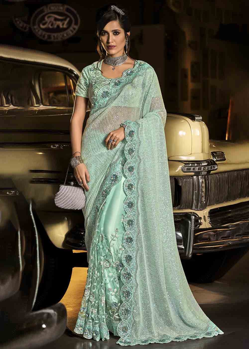 Cadet Blue Designer Net Saree with Imported Fabric Sequence Pallu, Jari, Moti & Cut Dana work