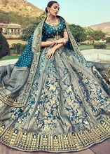 Load image into Gallery viewer, Grey &amp; Blue Banarasi Silk Lehenga Choli with Khatli and Heavy Embroidered work