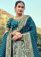 Load image into Gallery viewer, Grey &amp; Blue Banarasi Silk Lehenga Choli with Khatli and Heavy Embroidered work