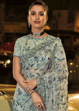 Load image into Gallery viewer, Bluish Grey Designer Net Saree with Hand Made Flower, Jari, Thread, Sequence, Moti &amp; Cut Dana work