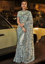 Load image into Gallery viewer, Bluish Grey Designer Net Saree with Hand Made Flower, Jari, Thread, Sequence, Moti &amp; Cut Dana work