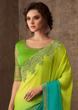 Load image into Gallery viewer, Blue &amp; Green Designer Embroidered Chiffon Silk Saree with Sequence work