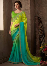 Load image into Gallery viewer, Blue &amp; Green Designer Embroidered Chiffon Silk Saree with Sequence work