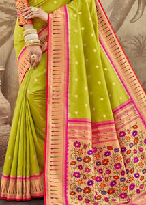 Avocado Green Woven Paithani Banarasi Silk Saree