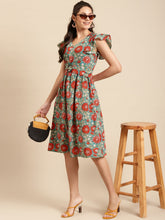 Load image into Gallery viewer, Frill sleeve printed midi dress with buckle belt