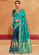 Load image into Gallery viewer, Shades Of Blue Heavy Embroidered Banarasi Silk Saree