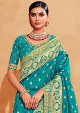 Load image into Gallery viewer, Green &amp; Blue Half N Half  Heavy Embroidered Banarasi Silk Saree