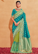 Load image into Gallery viewer, Green &amp; Blue Half N Half  Heavy Embroidered Banarasi Silk Saree