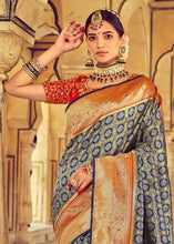 Load image into Gallery viewer, Grey &amp; Blue Kanjivaram Silk Saree with Mirror, Khatli &amp; Cut-Dana work