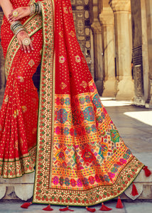 Bridal Red Bandhej  Patola Silk Saree with Mirror, Khatli & Cut-Dana work