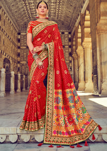 Bridal Red Bandhej  Patola Silk Saree with Mirror, Khatli & Cut-Dana work