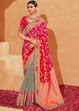 Load image into Gallery viewer, Grey &amp; Pink Half N Half Heavy Embroidered Banarasi Silk Saree