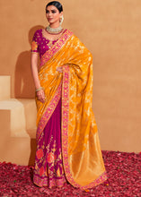 Load image into Gallery viewer, Pink &amp; Yellow Half N Half Heavy Embroidered Banarasi Silk Saree