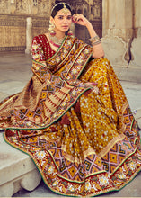 Load image into Gallery viewer, Mustard Yellow Bandhej Patola Silk Saree with Mirror, Khatli &amp; Cut-Dana work