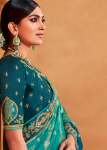 Load image into Gallery viewer, Grey &amp; Blue Half N Half Heavy Embroidered Banarasi Silk Saree