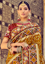 Load image into Gallery viewer, Mustard Yellow Bandhej Patola Silk Saree with Mirror, Khatli &amp; Cut-Dana work