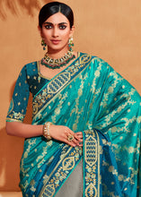 Load image into Gallery viewer, Grey &amp; Blue Half N Half Heavy Embroidered Banarasi Silk Saree