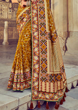 Load image into Gallery viewer, Mustard Yellow Bandhej Patola Silk Saree with Mirror, Khatli &amp; Cut-Dana work
