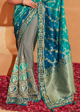 Load image into Gallery viewer, Grey &amp; Blue Half N Half Heavy Embroidered Banarasi Silk Saree