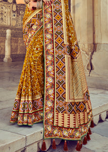 Mustard Yellow Bandhej Patola Silk Saree with Mirror, Khatli & Cut-Dana work