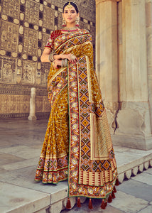 Mustard Yellow Bandhej Patola Silk Saree with Mirror, Khatli & Cut-Dana work